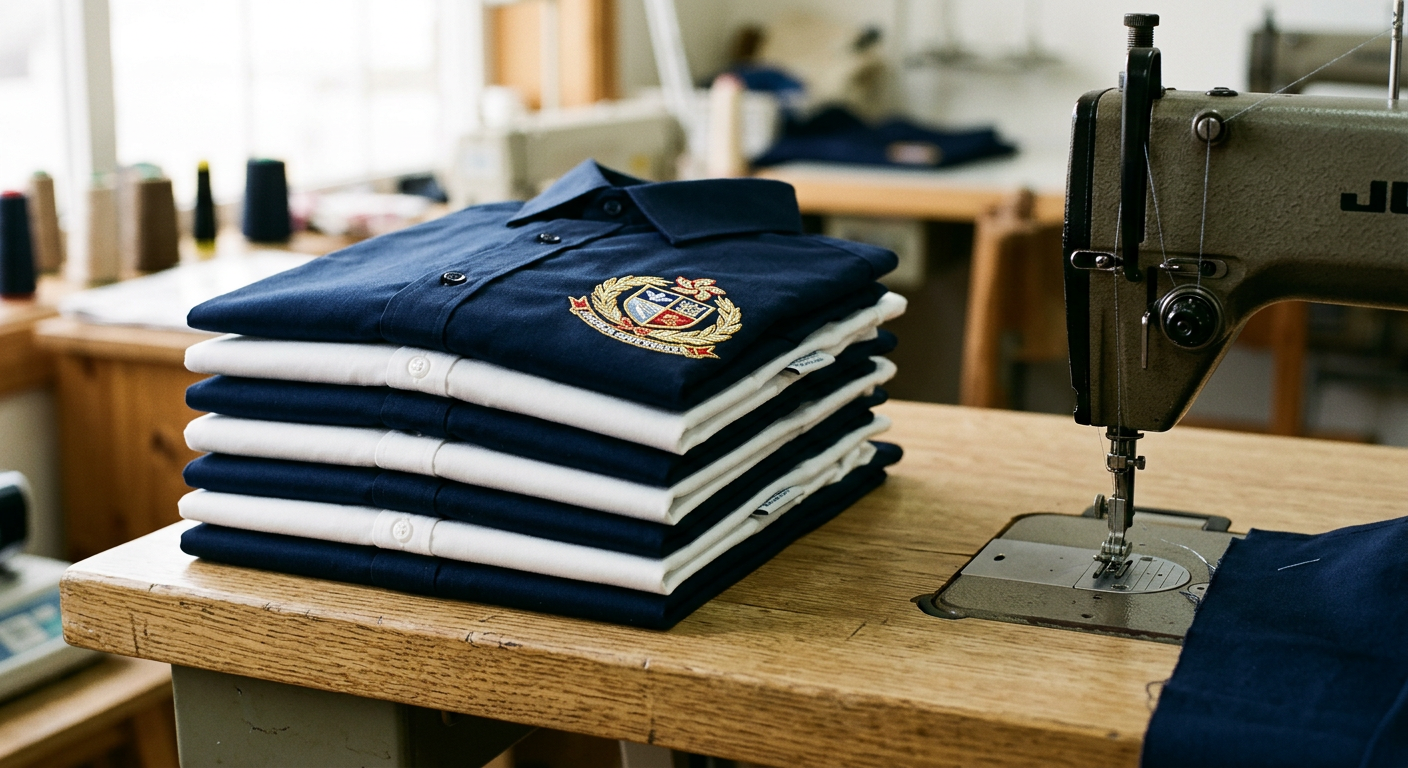 Neatly folded navy and white uniform shirts with embroidered detail